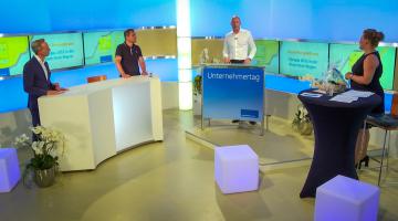 Foto 1: Für Rasmus C. Beck, Michael Mronz, Dr. Marcus Korthäuer und Moderatorin Jennifer Middelkamp (v.l.) ist Olympia 2032 eine große Chance.