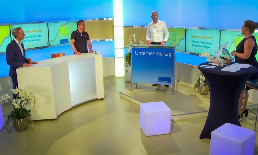 Foto 1: Für Rasmus C. Beck, Michael Mronz, Dr. Marcus Korthäuer und Moderatorin Jennifer Middelkamp (v.l.) ist Olympia 2032 eine große Chance.