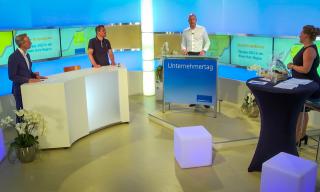 Foto 1: Für Rasmus C. Beck, Michael Mronz, Dr. Marcus Korthäuer und Moderatorin Jennifer Middelkamp (v.l.) ist Olympia 2032 eine große Chance.